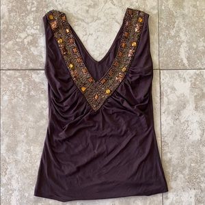 Beaded Brown V Neck Tank Top
